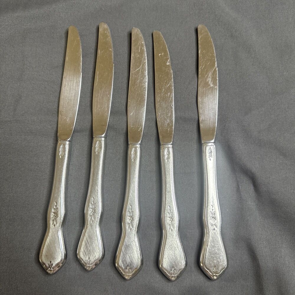 Lot of 6 Oneida Morning Blossom 9" Dinner Knife Pinched Stainless Burnished
